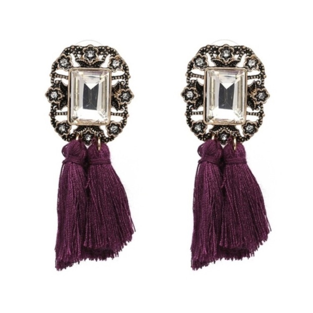 ❗️CLOSING SALE❗️ Cotton Fringe Rhinestone Earrings - Picture 2 of 3